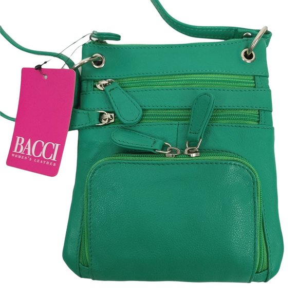 Bacci Crossbody Purse Handbag Adjustable Strap 5 Pocket Card Leather Green - Picture 3 of 9